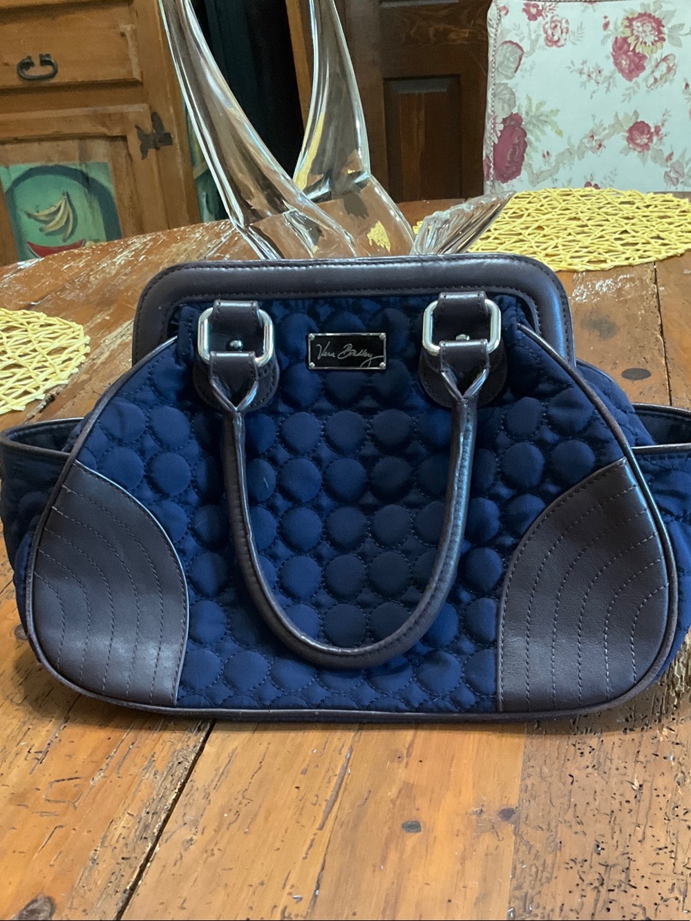 Vera Bradley Navy Quilted Satchel with Brown Trim and Handles